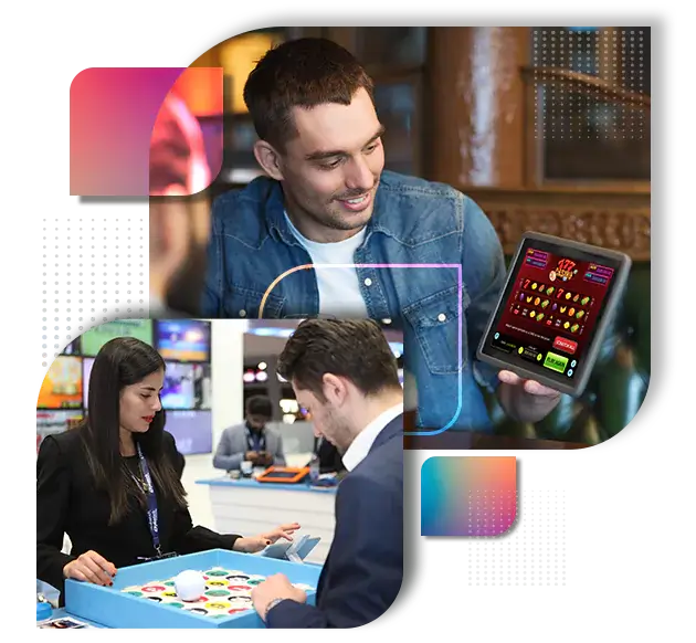 Collage of two gaming activities: On the left, a man and woman are playing a lotto game. On the right, a man is shown playing a slot game on a tablet. 