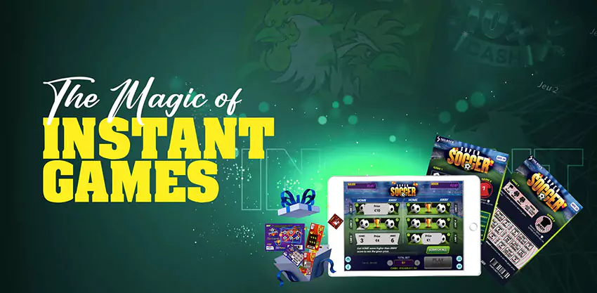 a tablet with a scratch lottery gaming screen with 2 scratch lottery physical tickets behind it with overlay text adjacent to it 'the magic of instant games'