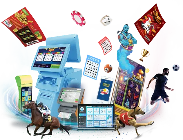 Group of POS lottery machines and mobile devices with a few lottery tickets flying and a man riding a racing horse