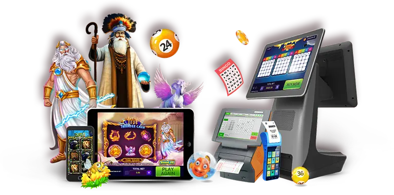 Group of POS lottery machines and mobile devices with a few lottery tickets flying and a man riding a racing horse