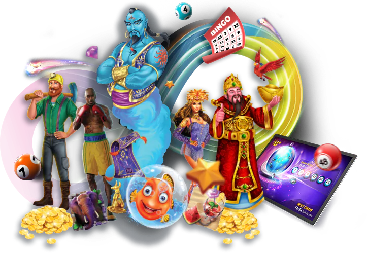Banner of skilrock's gaming characters standing and surrounded by lottery balls and bingo tickets