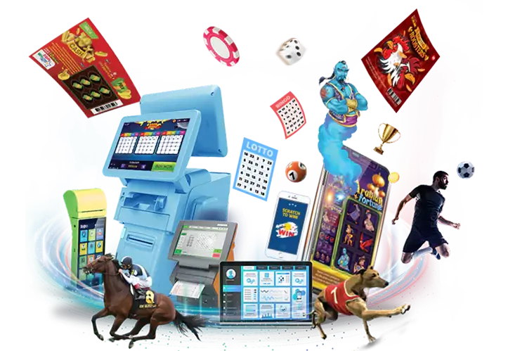 Group of POS lottery machines and mobile devices with a few lottery tickets flying and a man riding a racing horse
