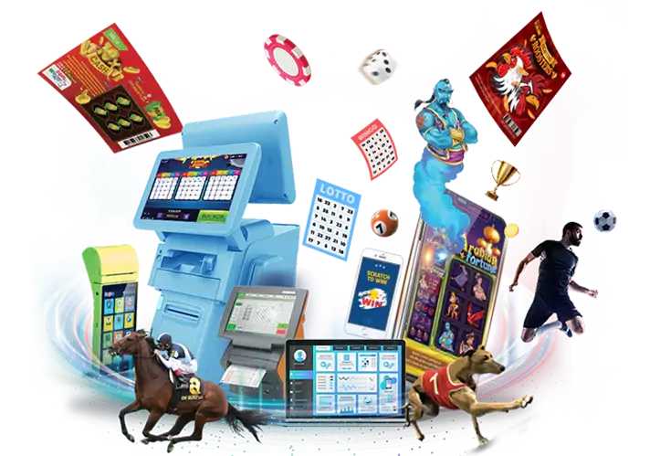 Group of POS lottery machines and mobile devices with a few lottery tickets flying and a man riding a racing horse
