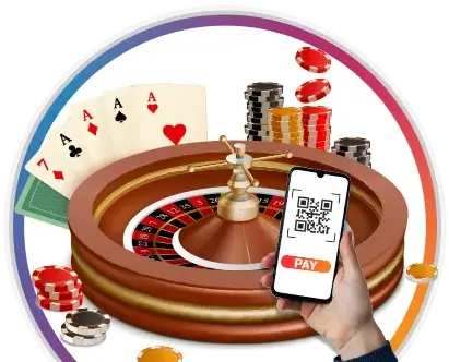 a casino slot machine, a wheel of fortune, and a cell phone showing a QR code to showcase cashless gaming