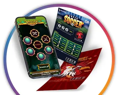 a mobile device with a scratch lottery game and 2 scratch lottery tickets around it