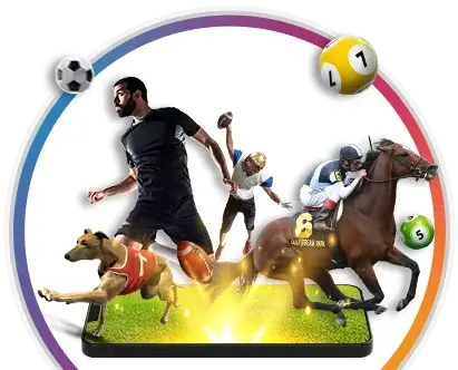 banner for sports lottery solutions that shows mobile device with sports characters