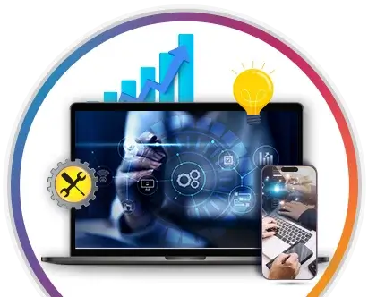 laptop with graphs displayed on-screen and gears next to it
