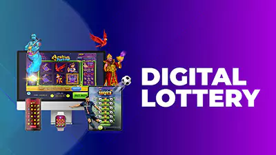 banner for digital lottery games showing a mobile, tablet and desktop screen with the word 'Digital Lottery' written next to them