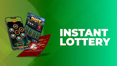banner for scratch lottery solutions that's shows a mobile device and scratch lottery tickets with the word 'Instant Lottery' written next to them
