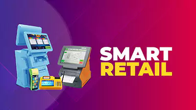 Banner for retail lottery solutions that shows multiple retail pos devices with the word 'Smart Retail' written next to them