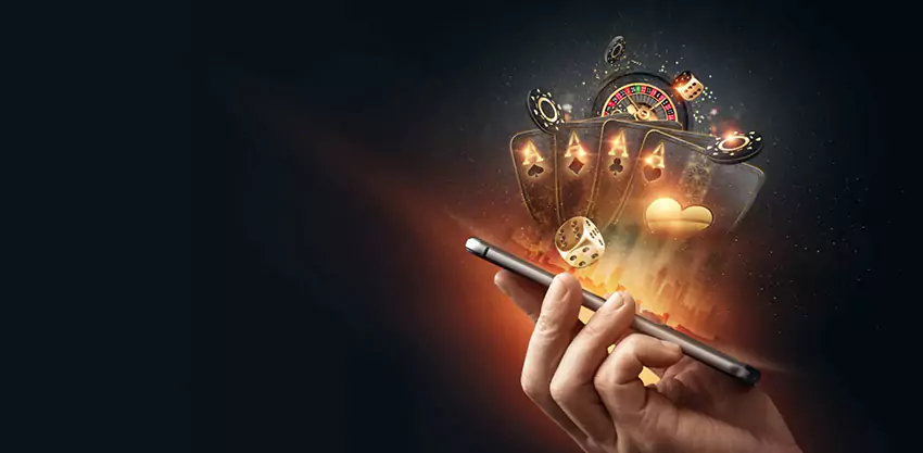a mobile phone with 4 ace cards and a dice coming out of it